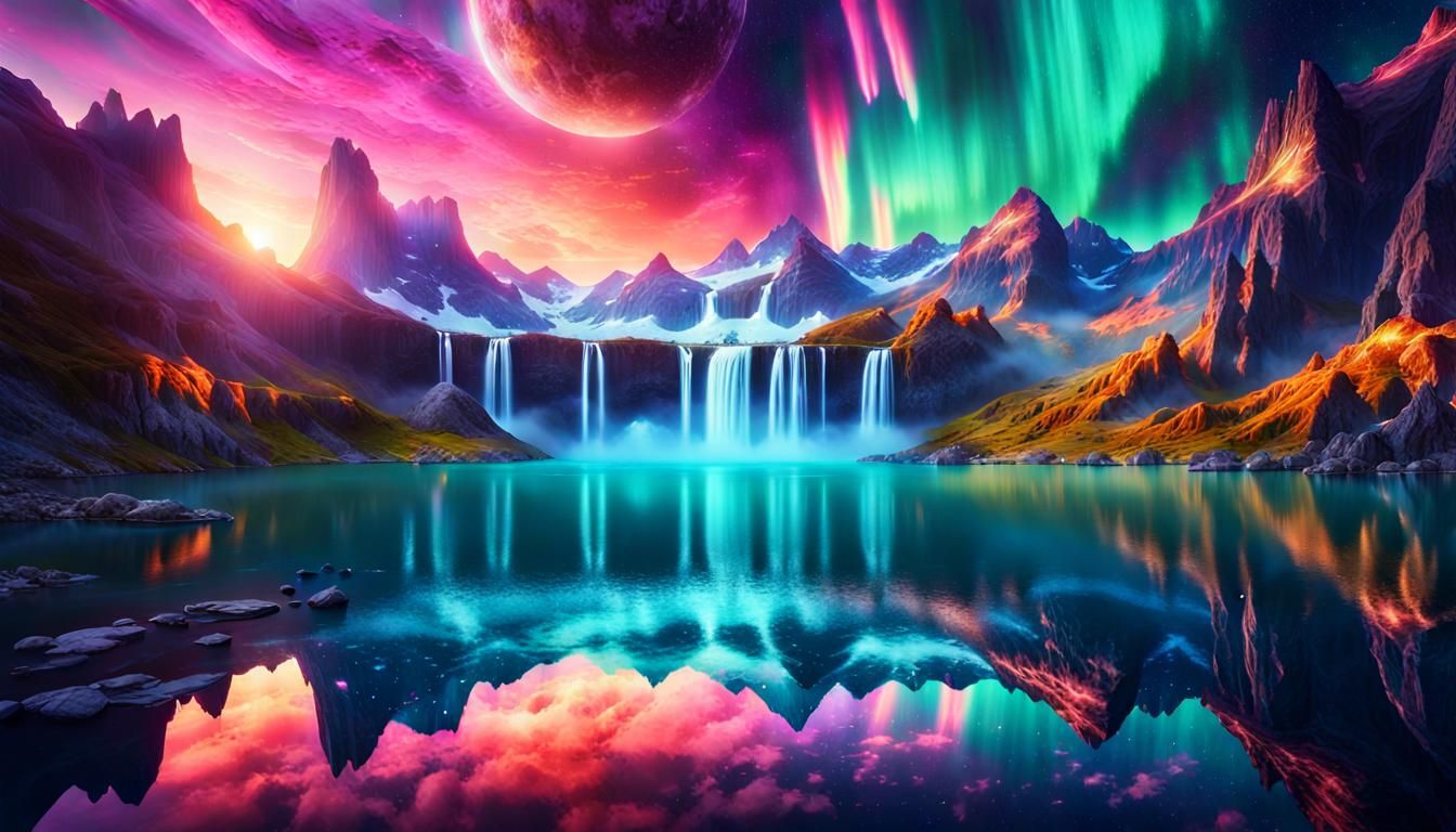 Galactic Waterfalls in Cosmic Dreamscape, Juan Brufal Style