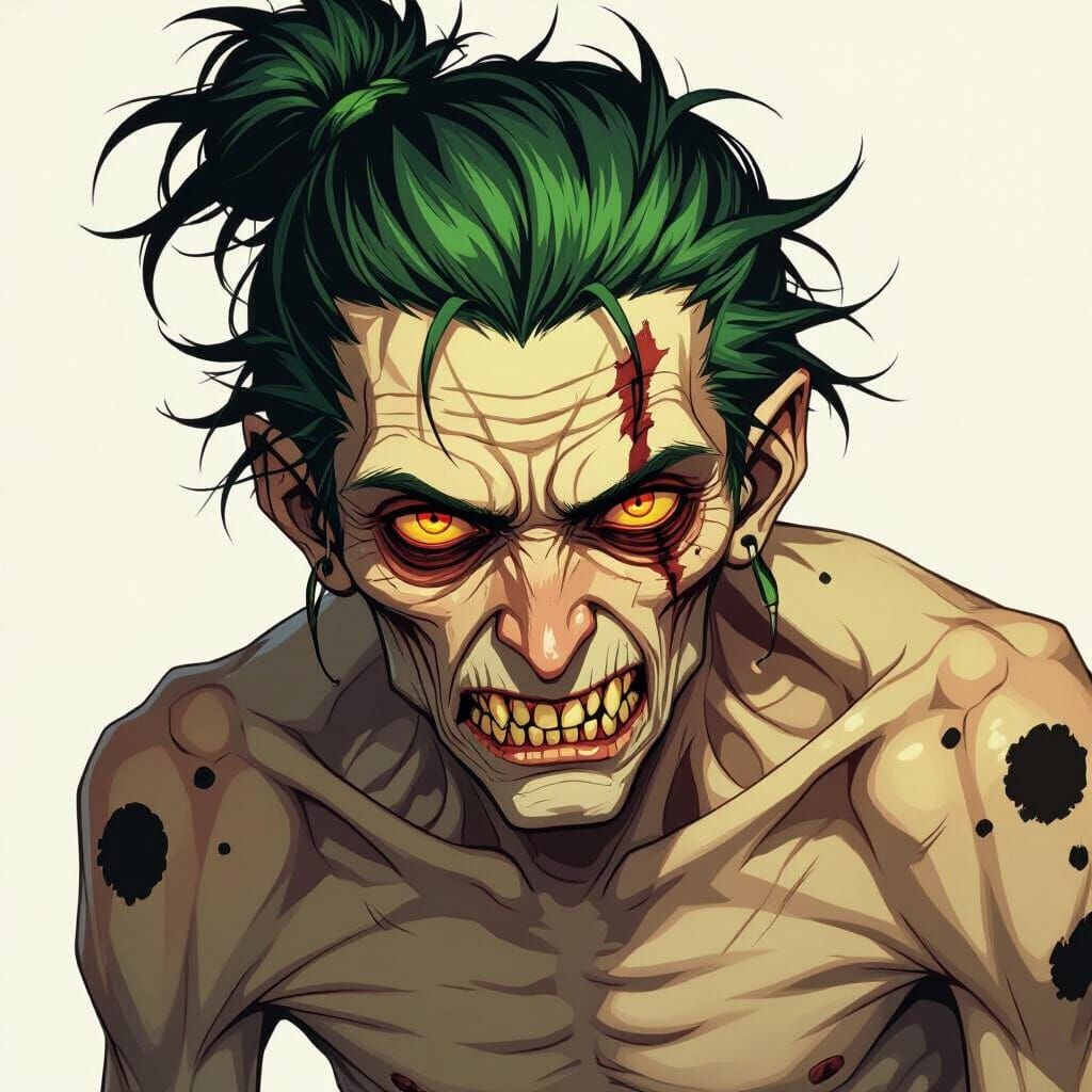 Gaunt Demon Man with Green Black Hair in Dark Fantasy Style