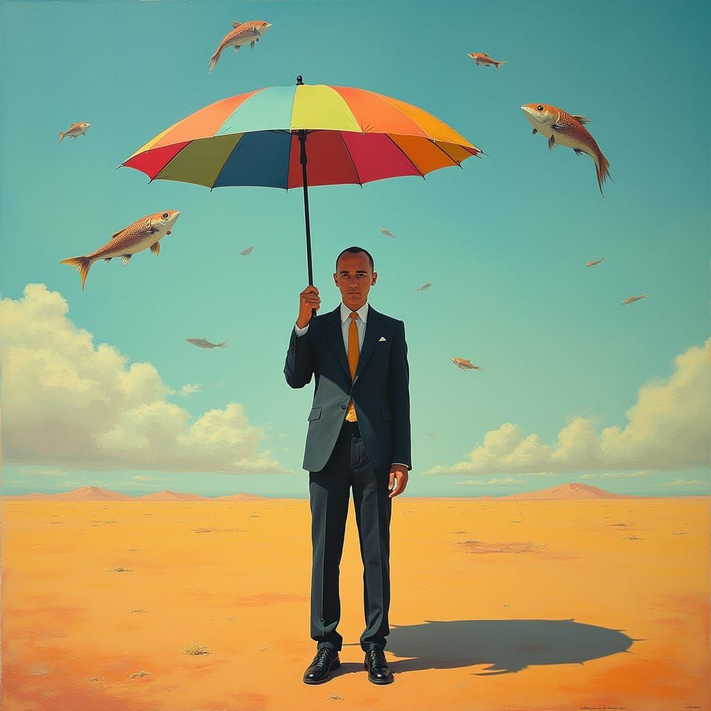 Surreal Desert Scene with Fish and Melting Sky