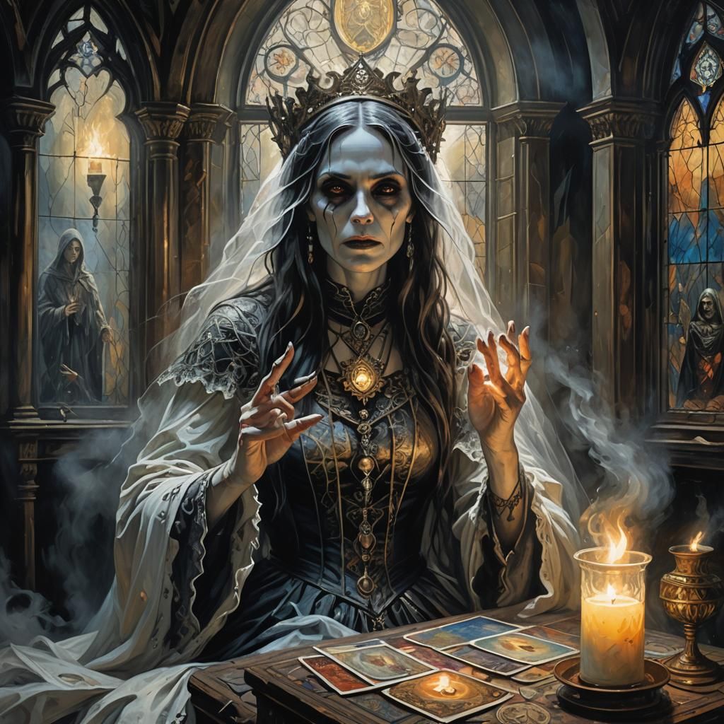 Gothic Spirit Caller Reading Tarot Cards as Oil Painting