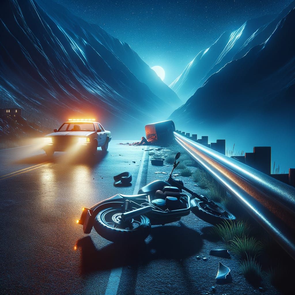 Motorcycle Accident Scene at Night in Mountains