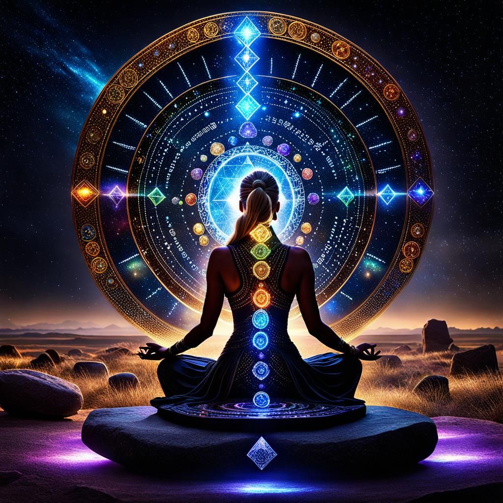 Mysterious Woman Under Starfield Sky with Chakra Runestones