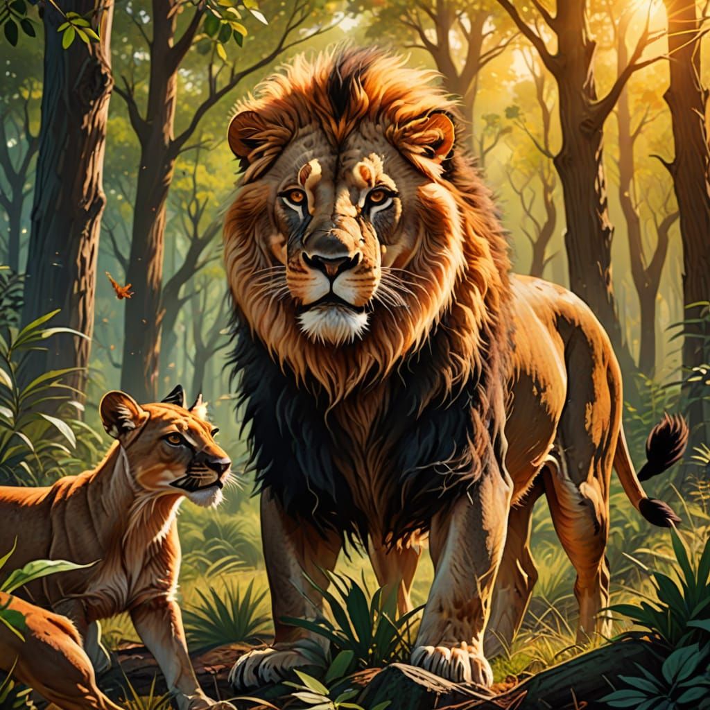 Lion Attacks Deer in Forest: Wildlife Illustration