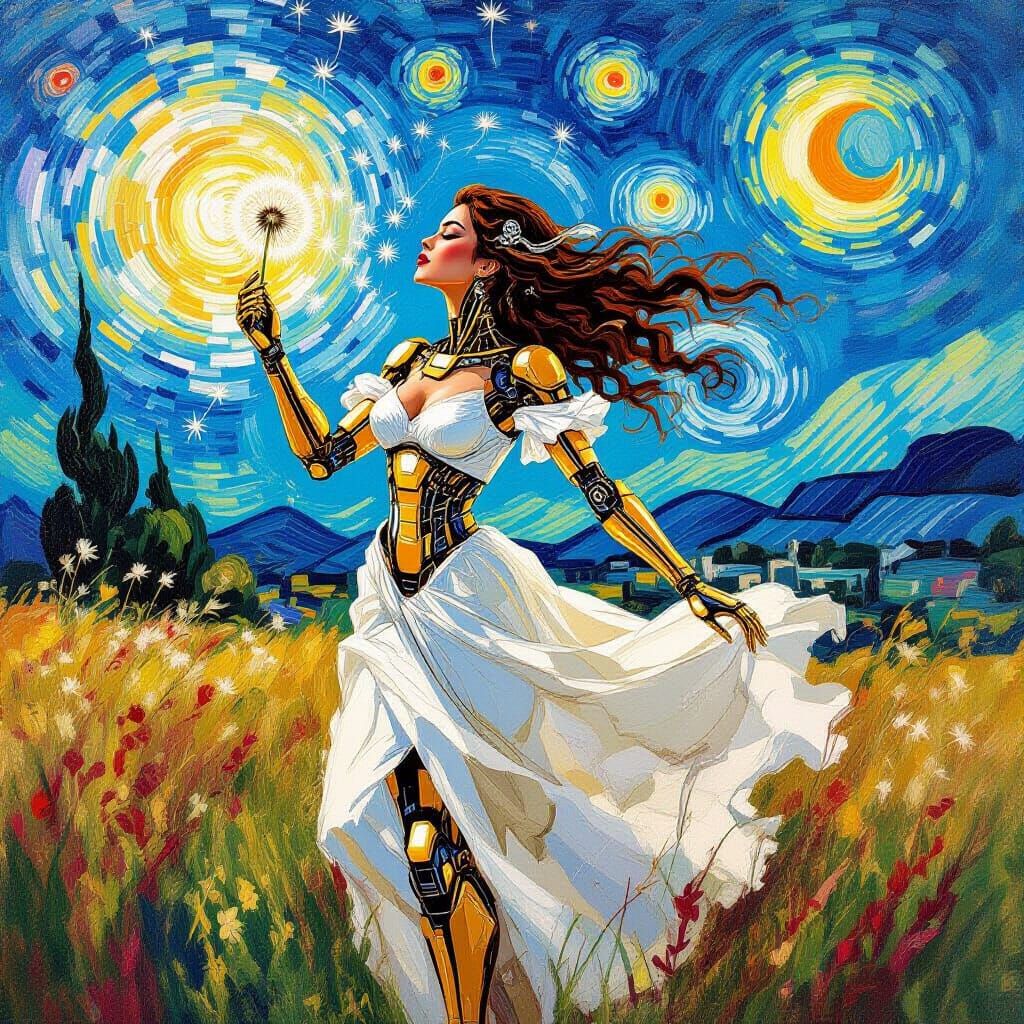 Cyborg Woman as Impressionist Van Gogh Painting