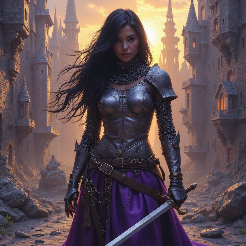 Warrior Woman in Escher-Inspired Fantasy City