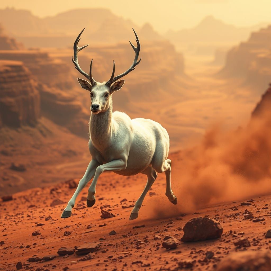 Majestic White Deer on Mars in Futuristic Cyberpunk Landscap...