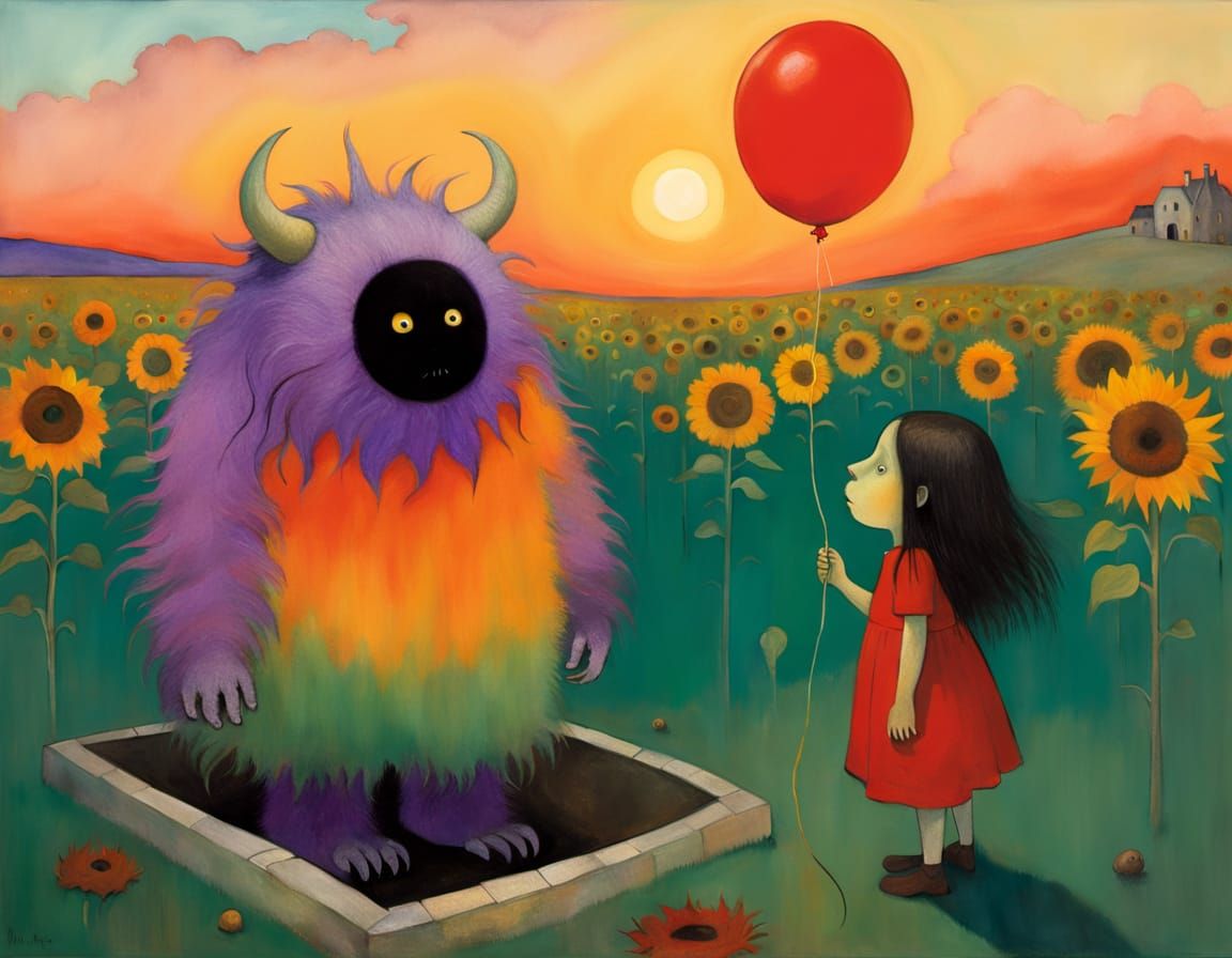 Goofy Monster Meets Girl at Sunset