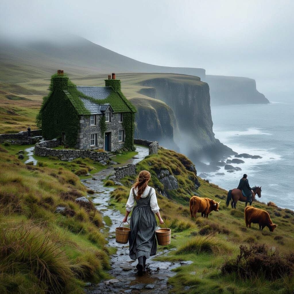 Scottish Coastal Cottage Scene with Rider and Cattle