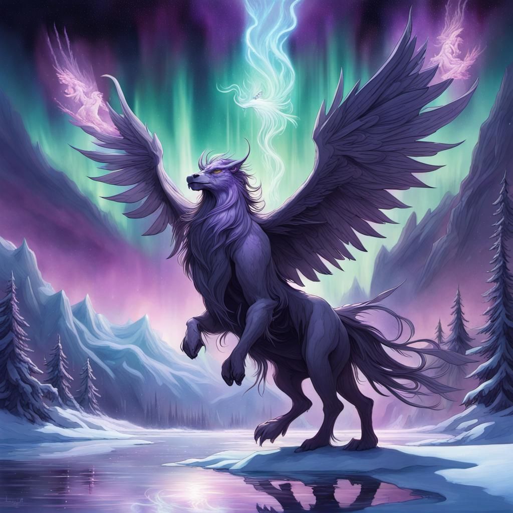 Wizard Summons Hippogriff From Aurora Borealis, Art Nouveau