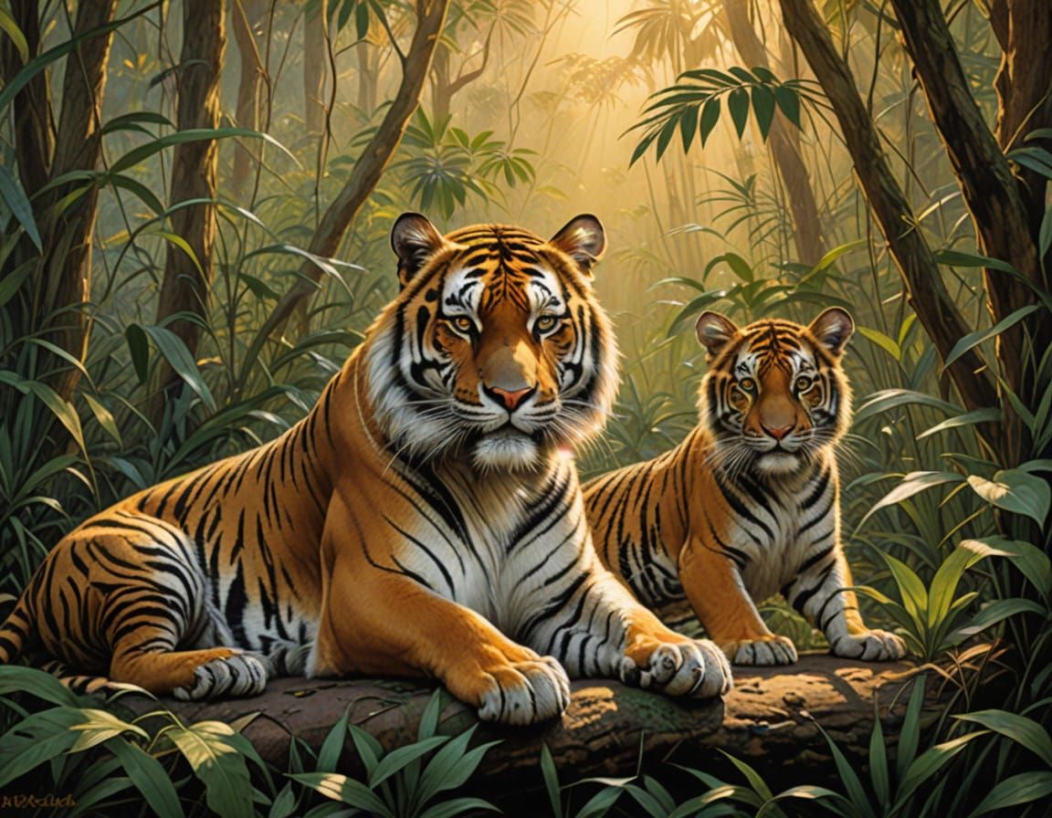 Tiger Mother Tenderly Nurtures Her Cubs in the Lush Jungle