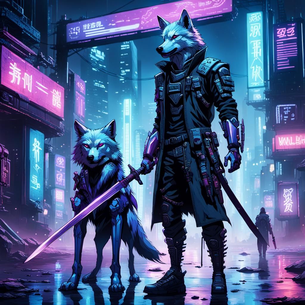 Cyberpunk Wolf Humanoid with Katana in Neon Cityscape