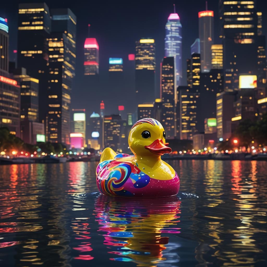 Vibrant City Lake Scene with Ruby-Eyed Rubber Duck in Neon N...
