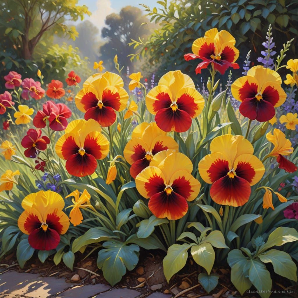 Impressionist Floral Art: Pansies and Irises in Sunlight