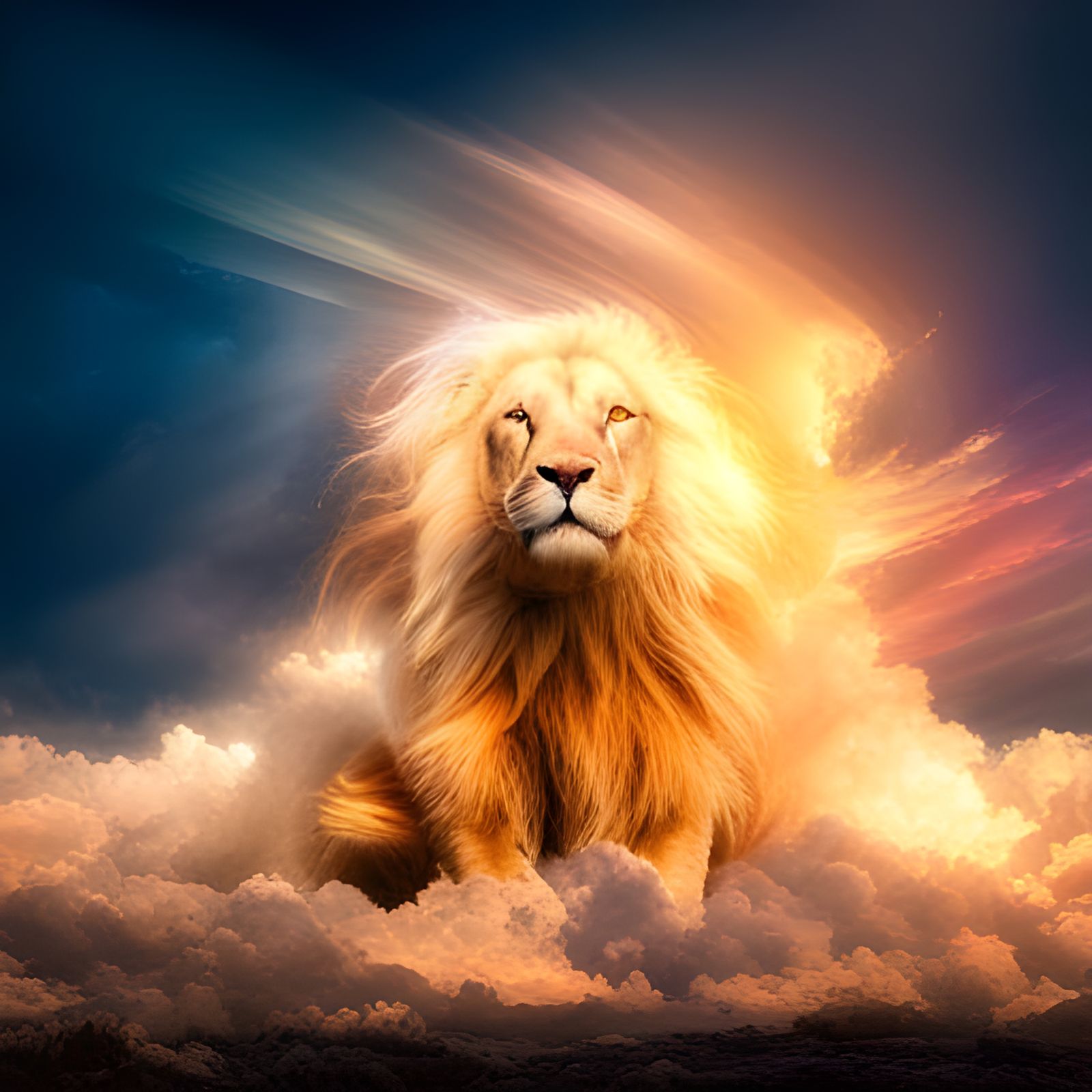 Celestial Rainbowscape with Lion, Cat, and Angel Wings