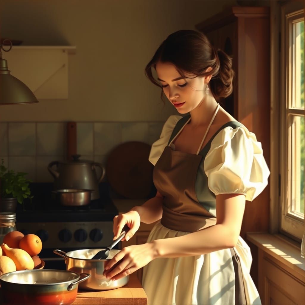 Elegant Woman Cooking: Flemish Painterly Style