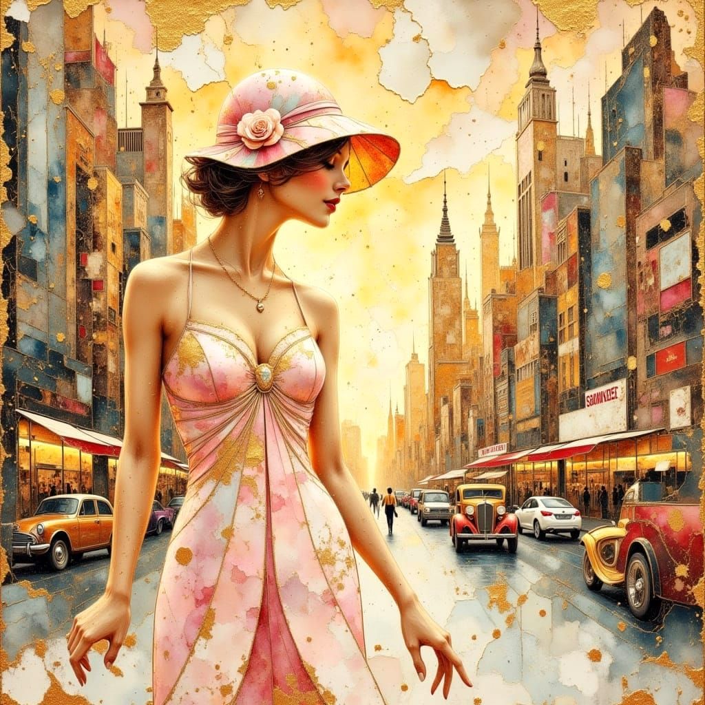 Klimt Inspired Woman in 1920s Dress at Sunrise