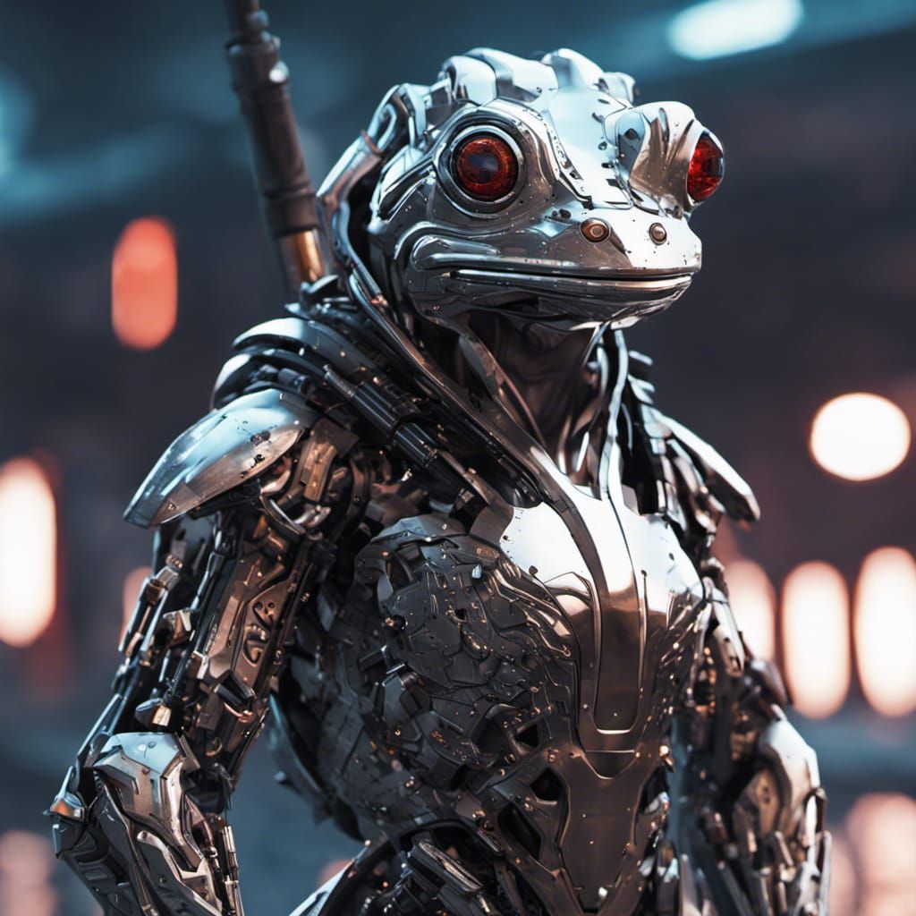 Cybernetic Frog with Katana in Sci-Fi Cityscape