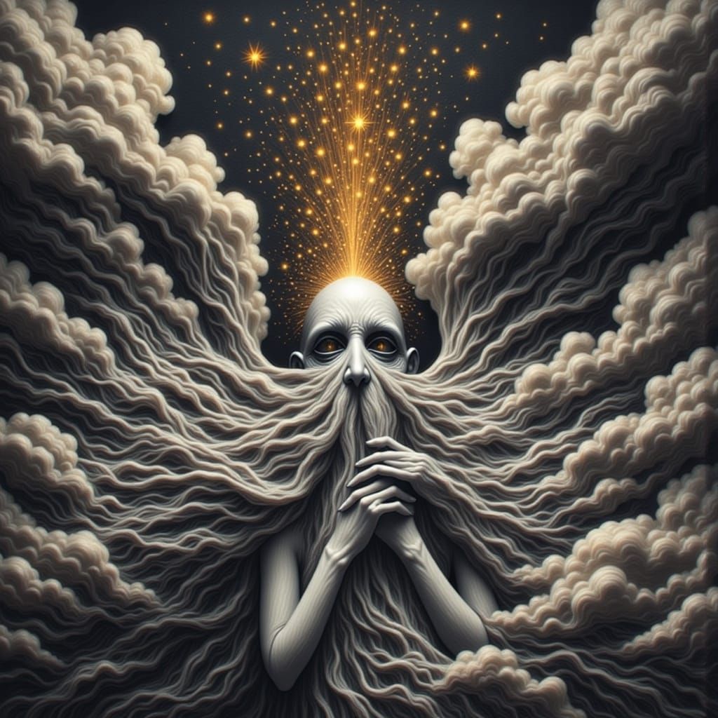 Mysterious Figure with Glowing Eyes in Dark Atmosphere