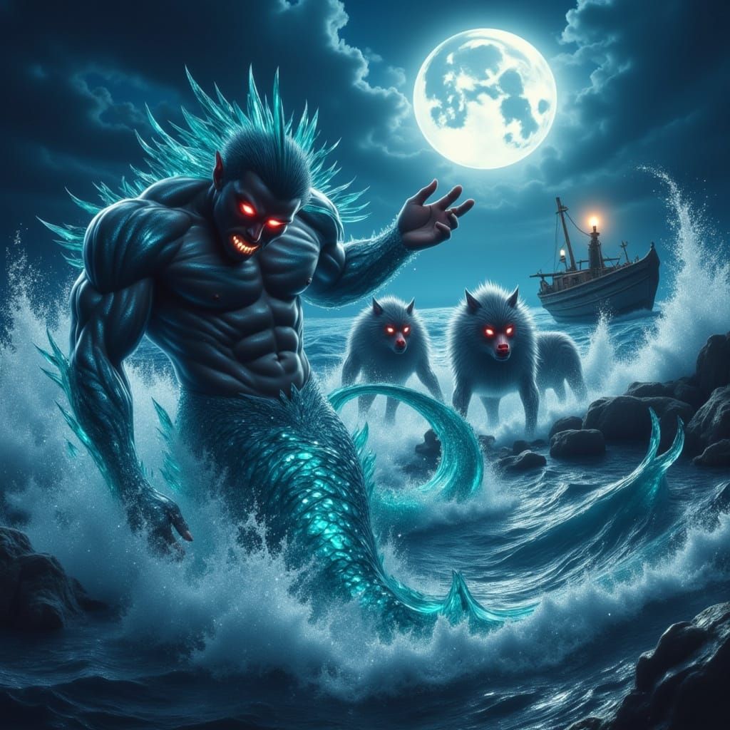 Merman Rescued From Sea Wolves by Fisherman Under Full Moon
