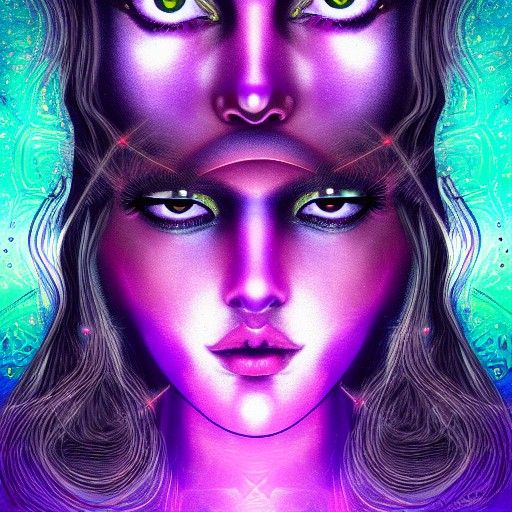 Cosmic Purple Eyes in Holographic Illustration