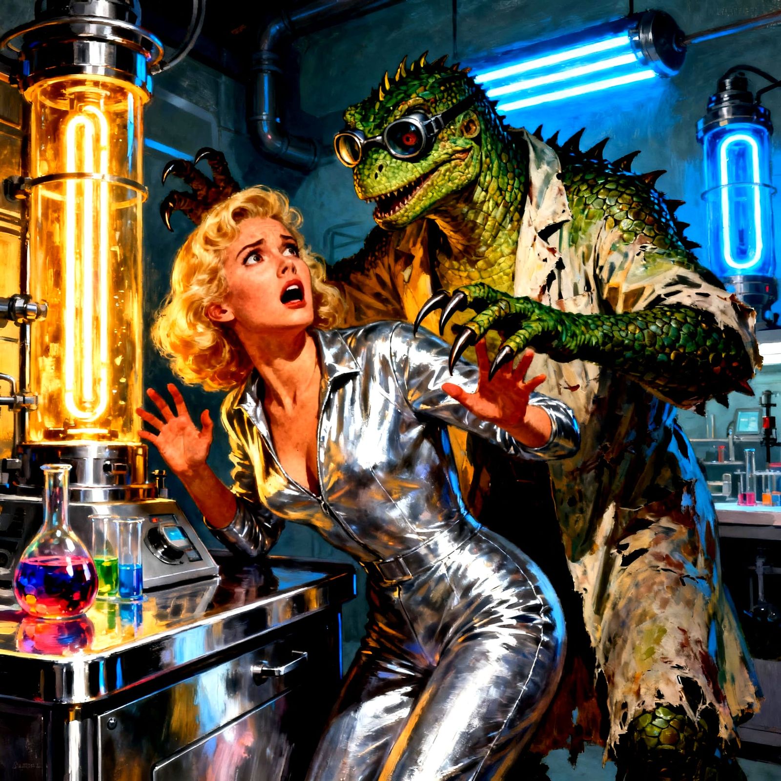 Terrified Woman Menaced by Lizard Man in Retro Sci-Fi Lab
