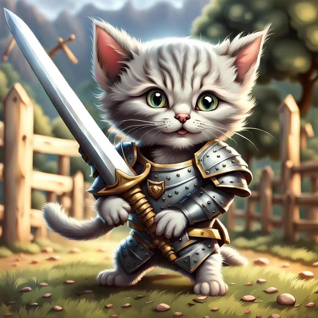 Armored Kitten Ready for Battle in Cartoon Style