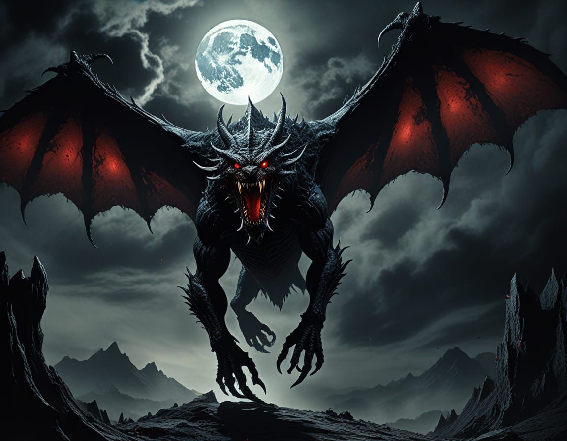 Flying Devourer on Moon in Dark Fantasy Style