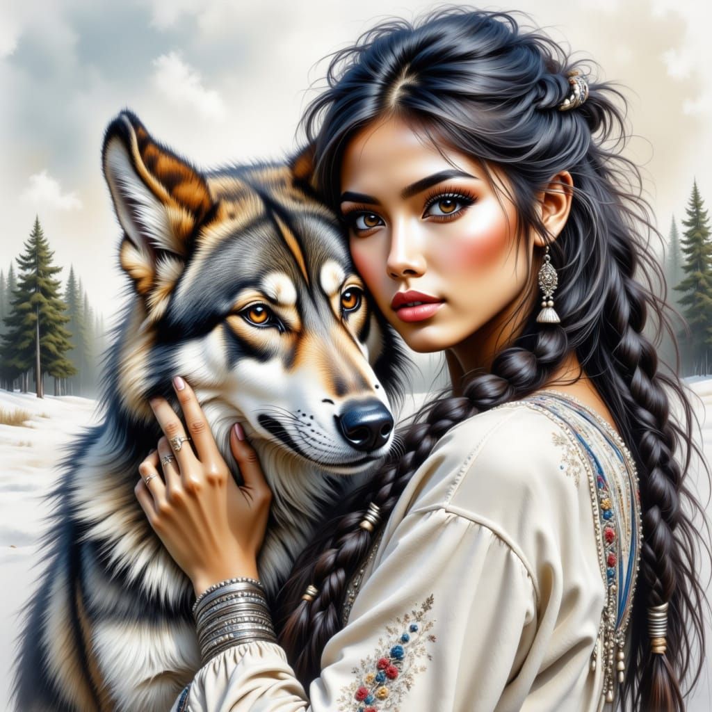 Woman and Wolfdog in Kazakh Dress, Watercolor Acrylic