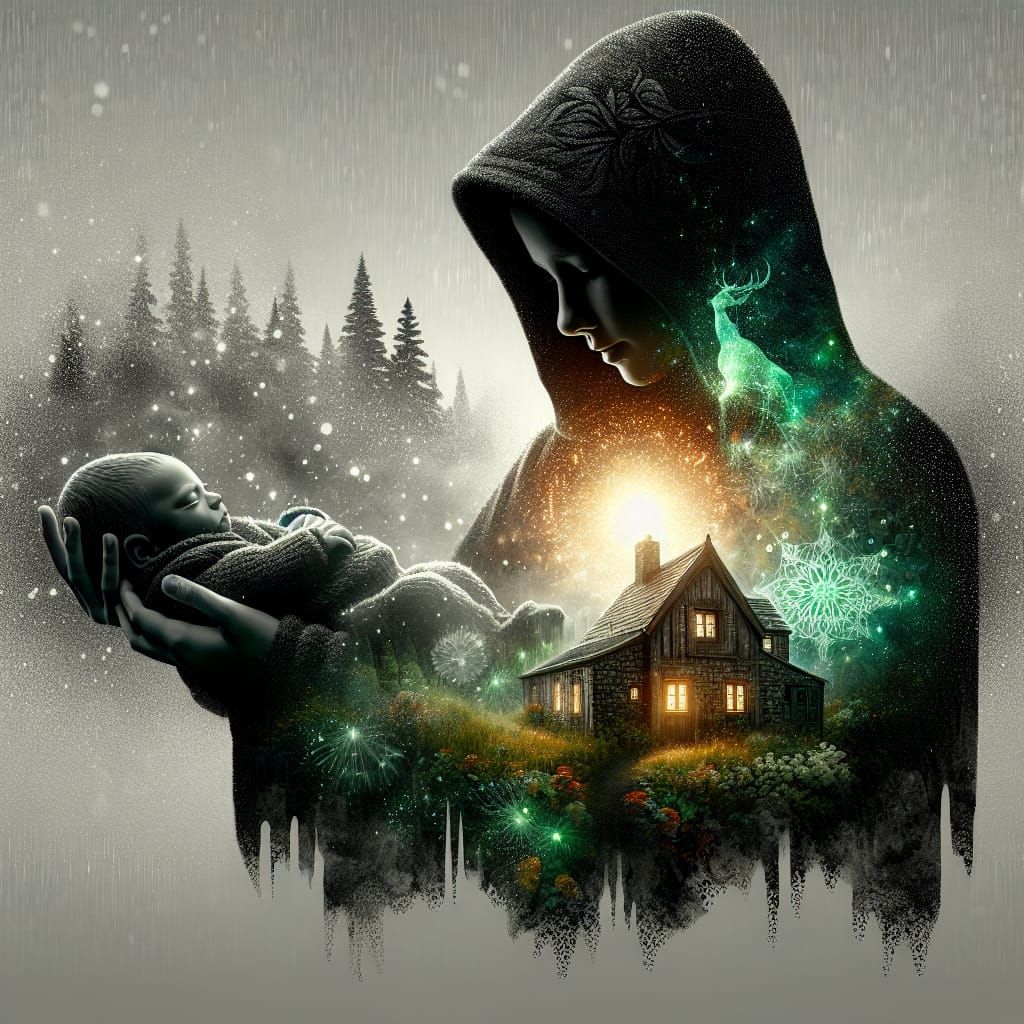 Fantasy Silhouette: Girl, Infant, and Ethereal Cottage