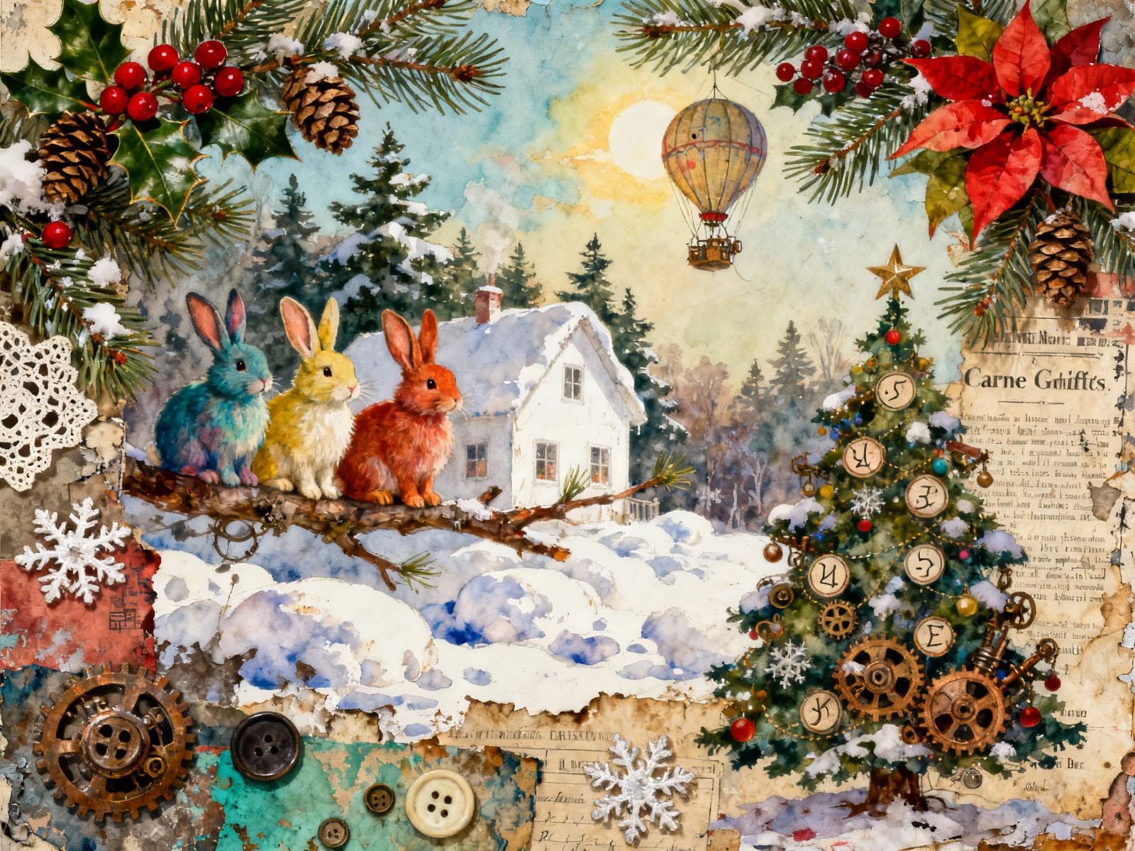 Steampunk Christmas Bunnies in Watercolor Style