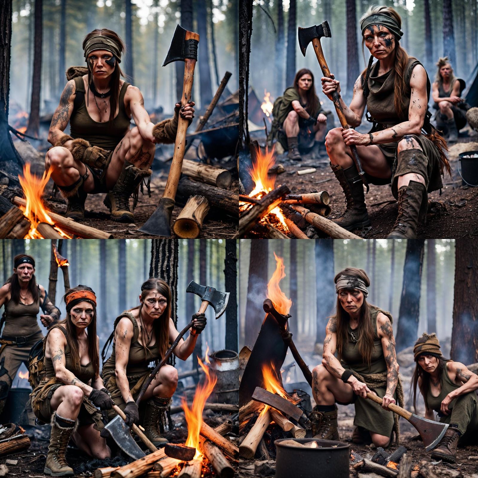 Post-Apocalyptic Female Tribe Around Campfire