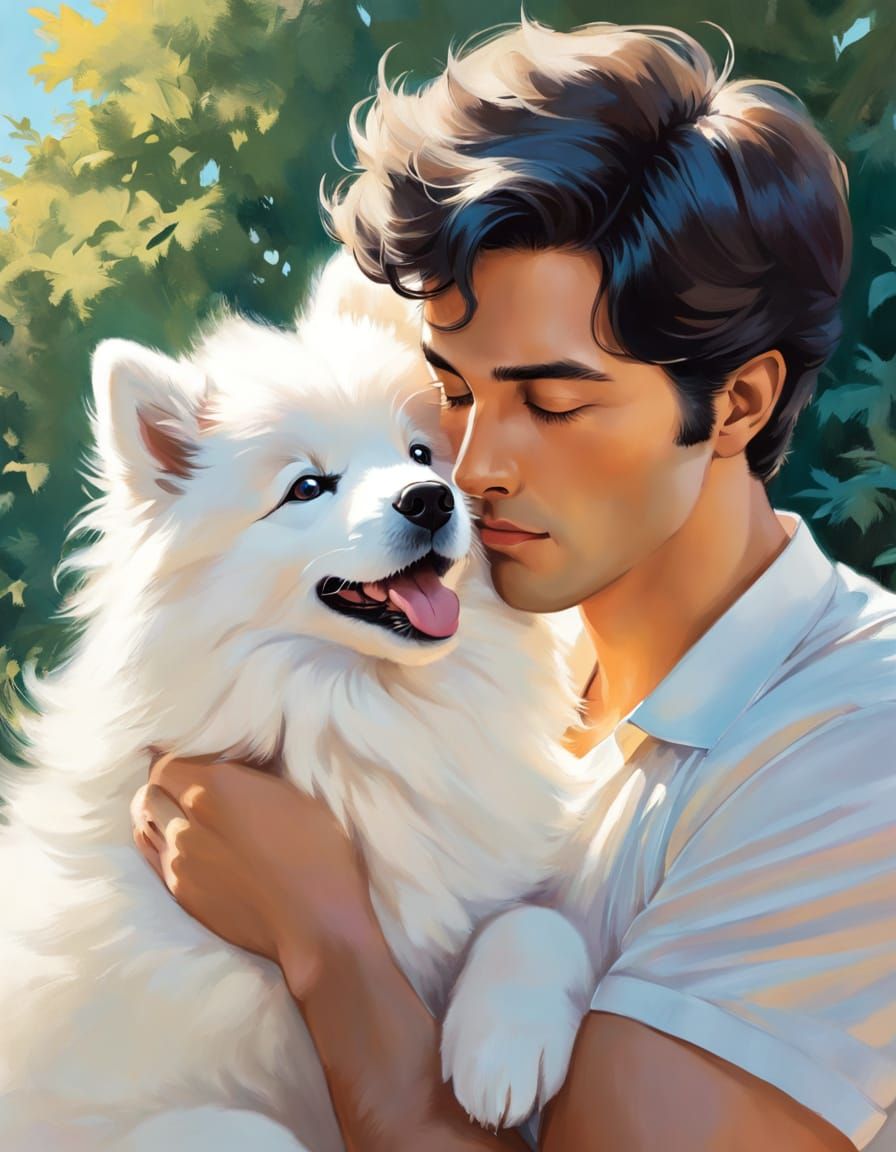 A fluffy Samoyed puppy with big, expressive eyes gazes adori...