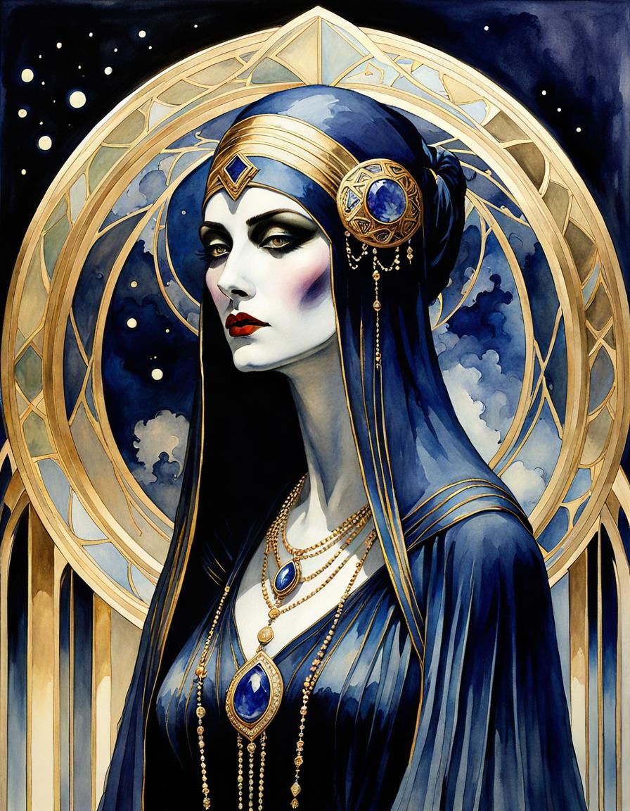 Art Deco Necromancer Witch in Watercolor Style