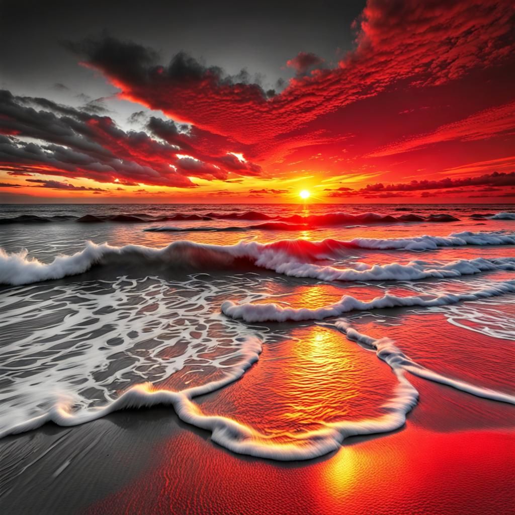 Stunning Red and Yellow Sunset at the Beach