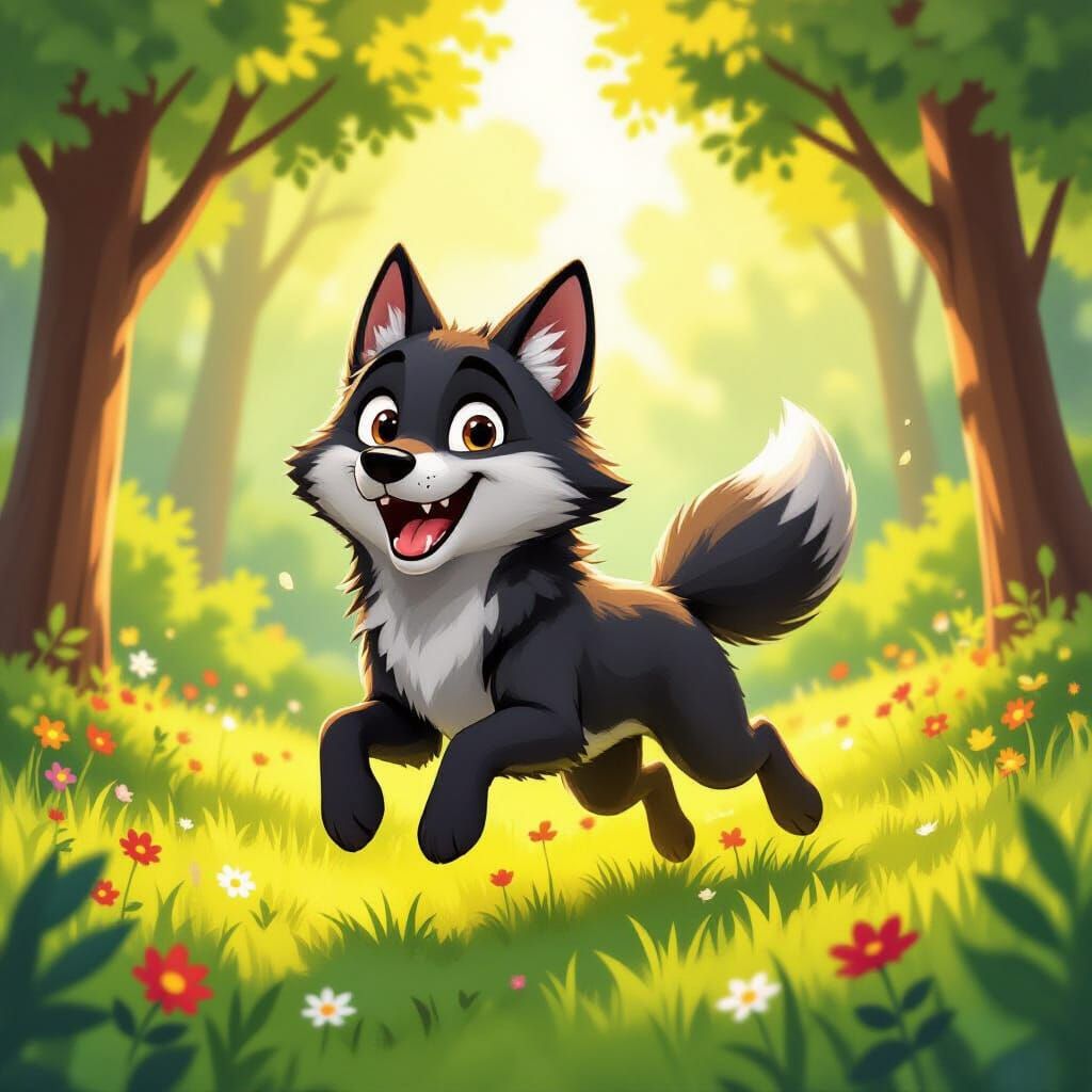 Joyful Black Wolf Leaping in Sunlit Forest