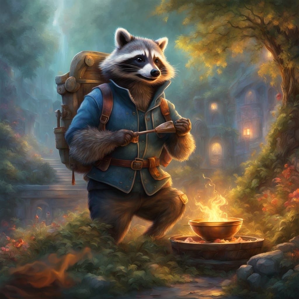 Raccoon Chef Flambes Sauce in Tree Hollow Studio