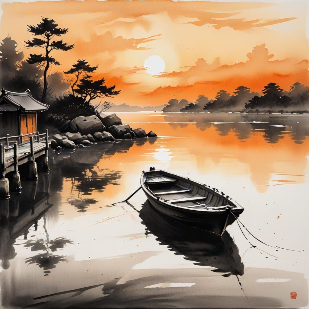 Sumi-e Ink Painting of Old Boat at Sunset
