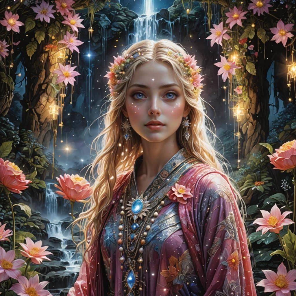 Crystalline Guide Ceremony with Stars and Flowers