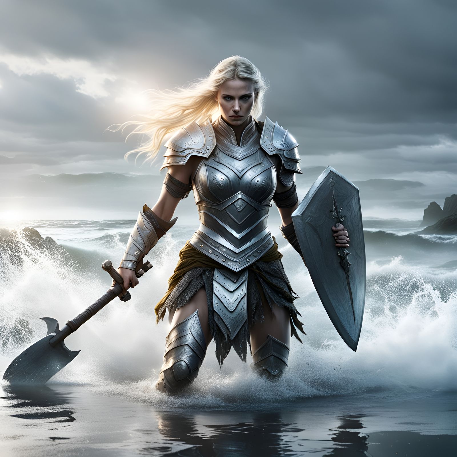 Blonde Warrior Emerges from Sea with Axe