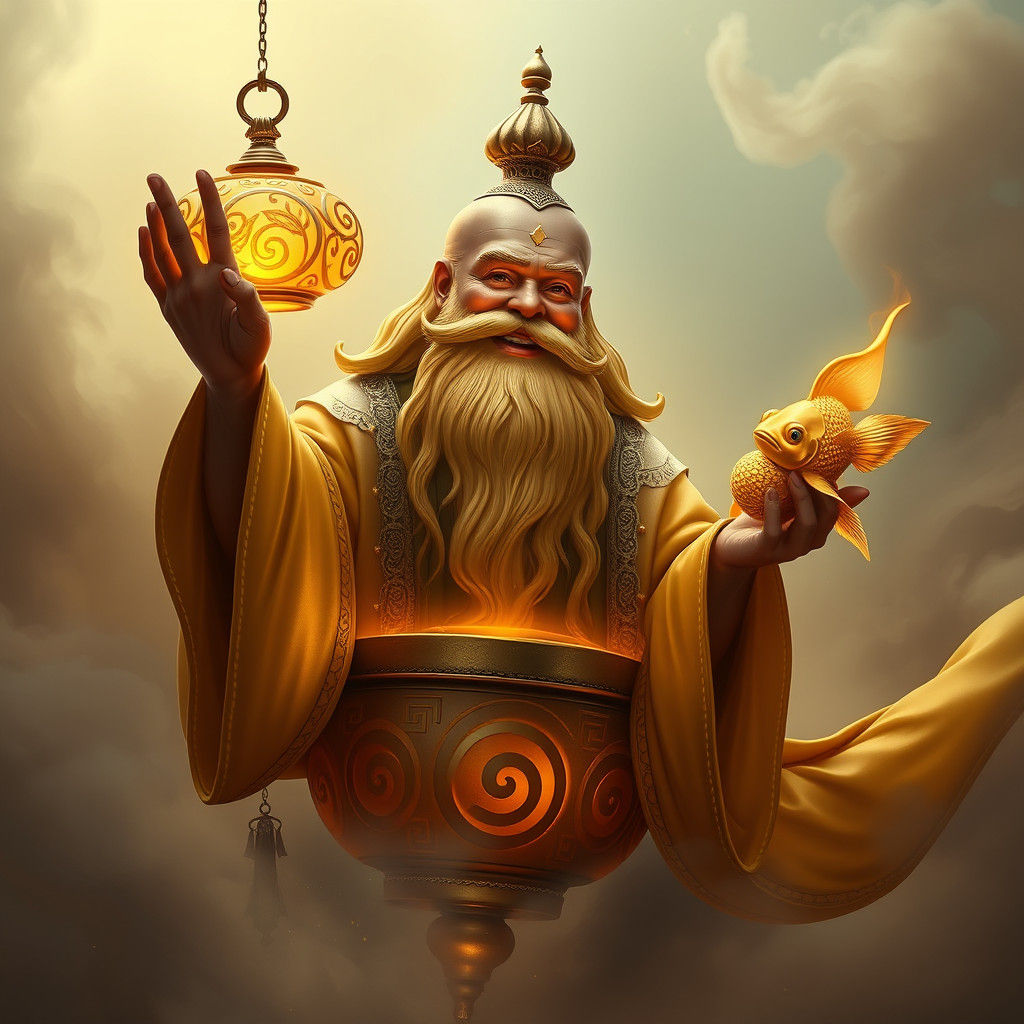 Genie Emerges from Golden Lantern in Matte Painting