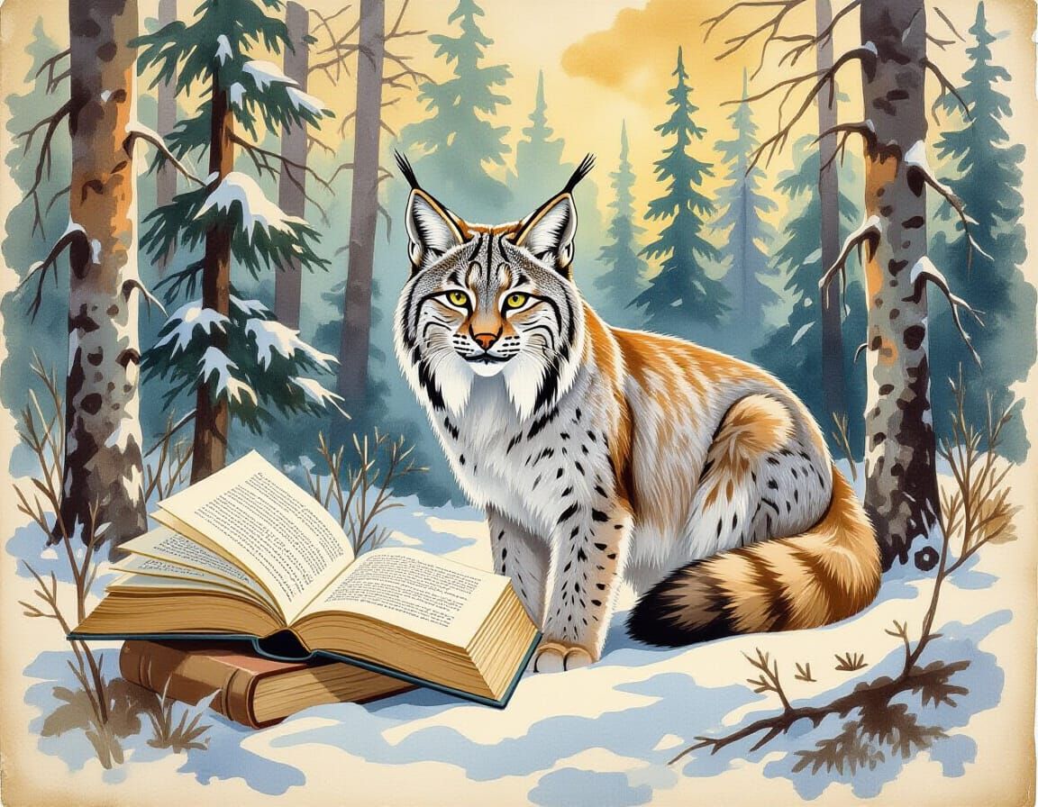 Lynx in Boreal Forest: Vintage Watercolor Painting