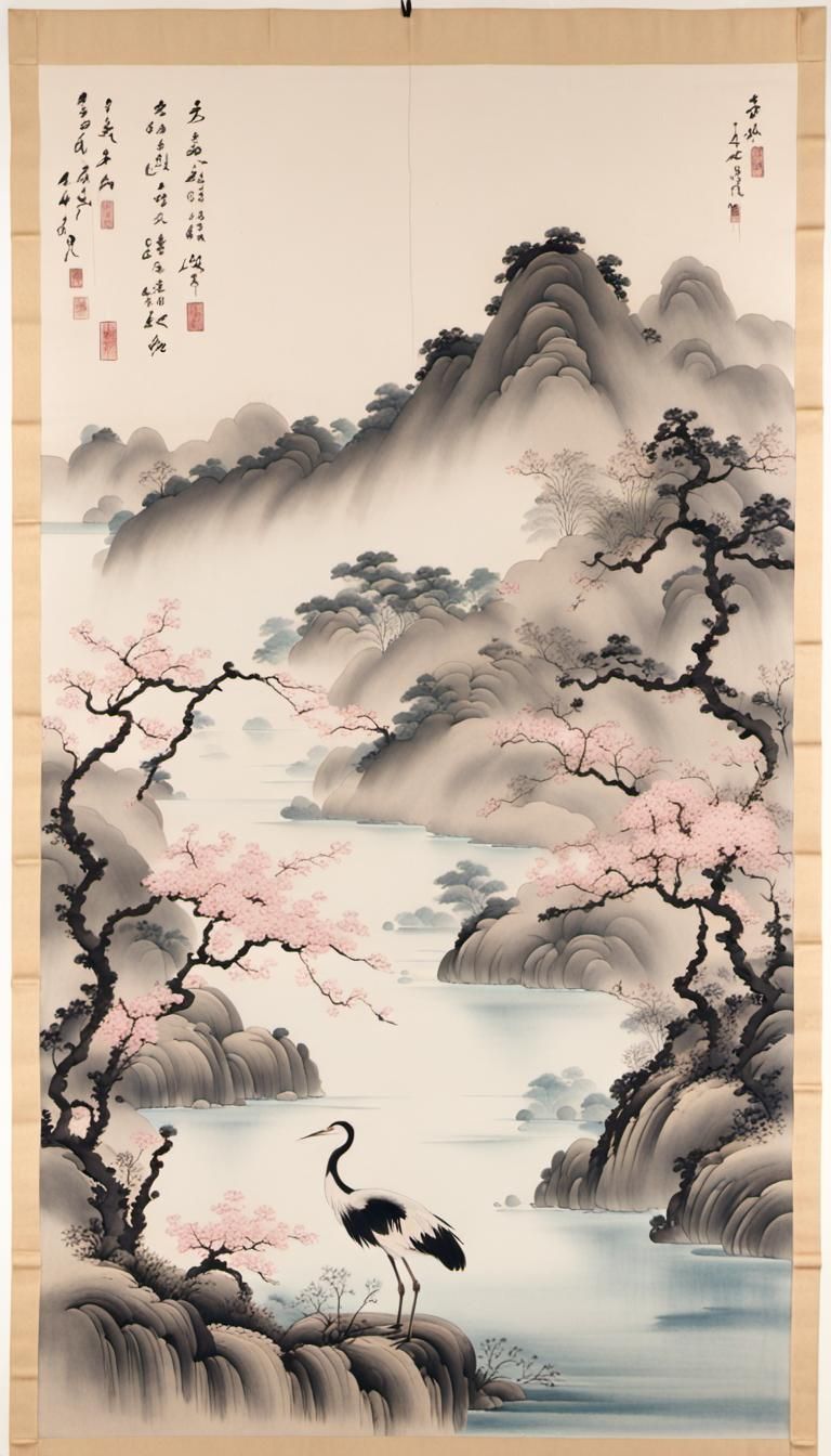 Ethereal Moonlit Landscape with Crane in Ink