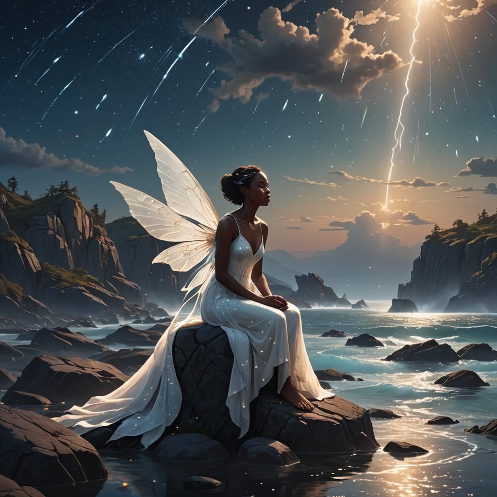 Black Fairy Crying Under Shooting Stars, Digital Art