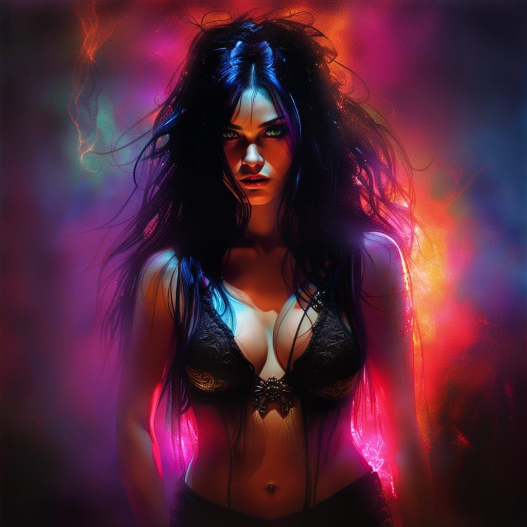 Gothic Exotic Dancer in Neon Mist, Photographic Art