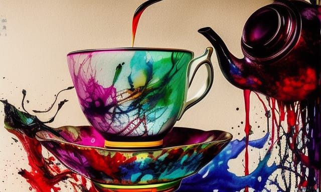 Oriental Tea Setting with Ink Splashes in Acrylic Style