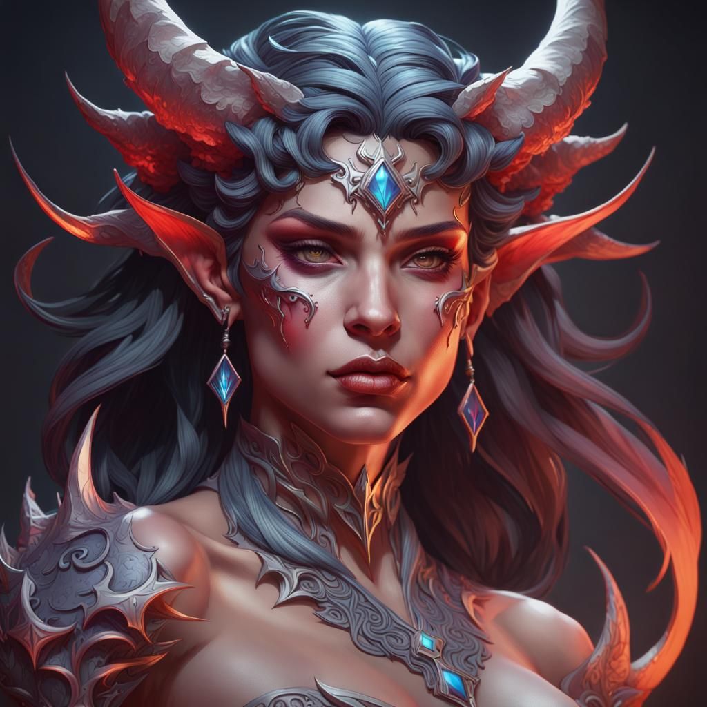 Detailed Demon Queen Portrait in Art Nouveau Style