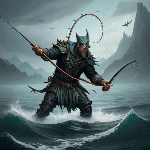 Demonic Fisherman with Fishing Rod, Digital Art