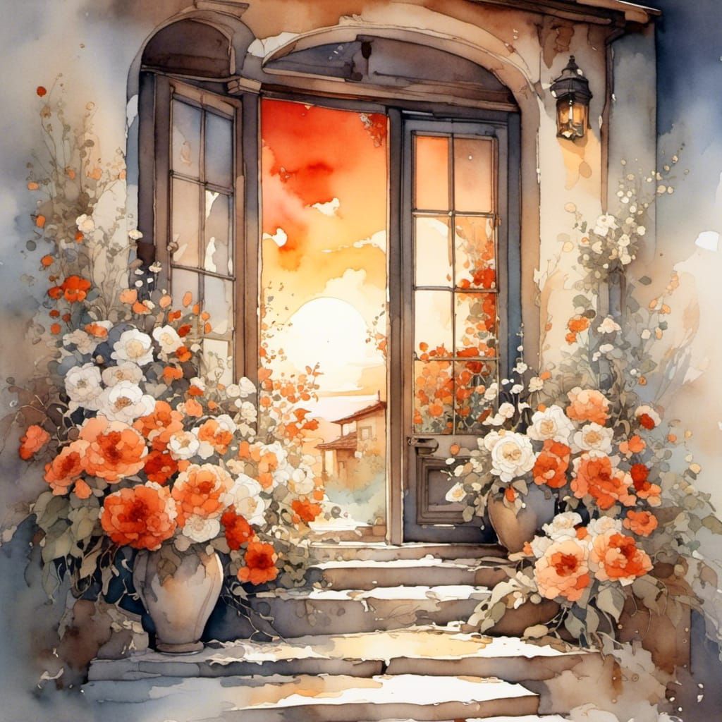 Puerta de casa con flores y jarrones