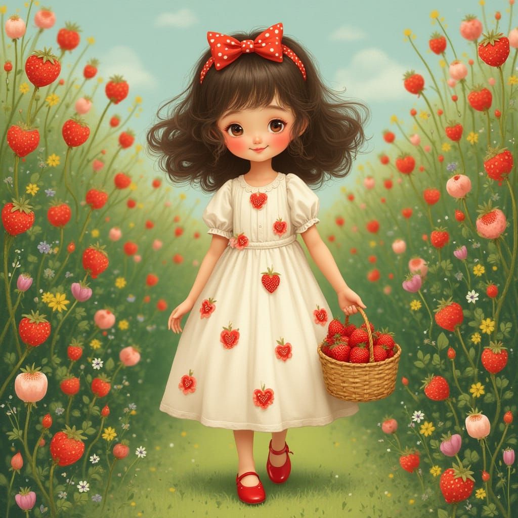 Girl in Strawberry Dress Walking Through Flower Garden