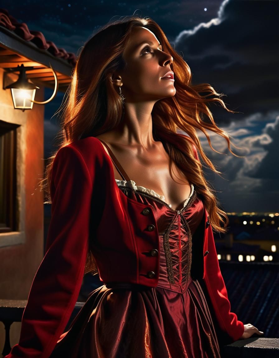 Elegant Woman Gazes at Night Sky in Chiaroscuro Renaissance...